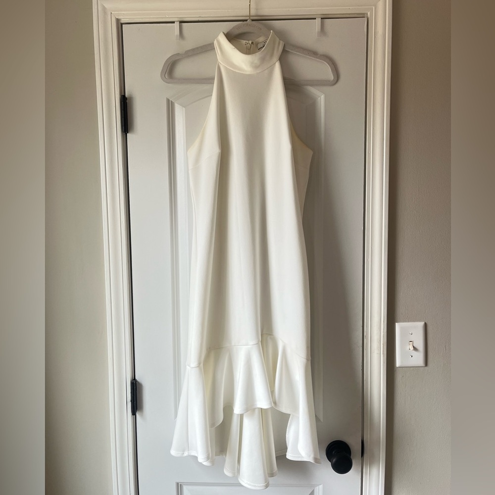 Halston White High Neck Ruffle Dress